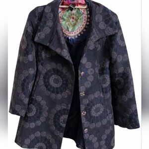 Desigual Blue Patterned Pea Coat Jewel Colored Buttons Sz 36 Small